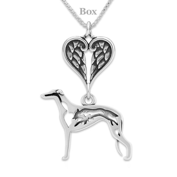 Greyhound Sympathy Gift Necklace with Heart Shaped Angel Wing Pendant in Sterling Silver on Box Chain.