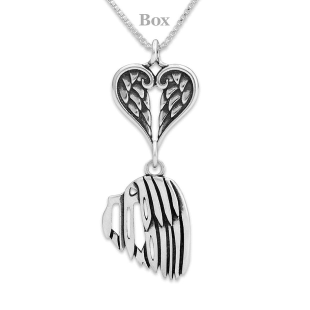 Havanese Sympathy Gift Necklace with Heart Shaped Angel Wing Pendant in Sterling Silver on Box Chain.