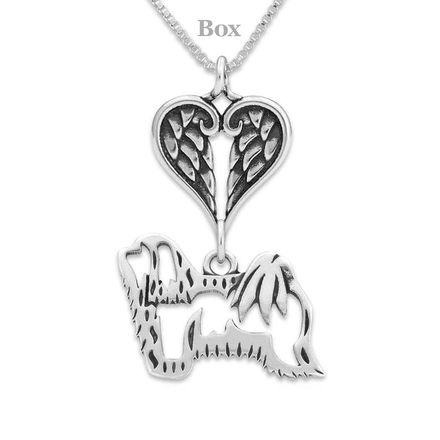 Havanese Sympathy Gift Necklace with Heart Shaped Angel Wing Pendant in Sterling Silver on Box Chain.