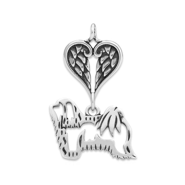 Havanese Sympathy Gift Pendant with Heart Shaped Angel Wing Pendant in Sterling Silver.