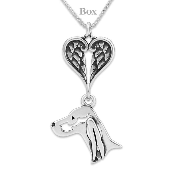Irish Setter Sympathy Gift Necklace with Heart Shaped Angel Wing Pendant in Sterling Silver on Box Chain. 