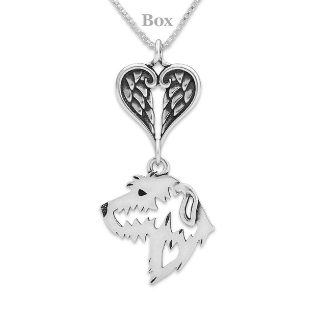 Irish Wolfhound Sympathy Gift Necklace with Heart Shaped Angel Wing Pendant in Sterling Silver on Box Chain.