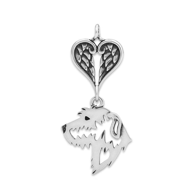 Irish Wolfhound Sympathy Gift Pendant with Heart Shaped Angel Wing Pendant in Sterling Silver.
