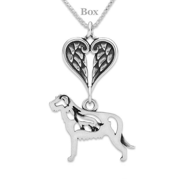 Irish Wolfhound Sympathy Gift Necklace with Heart Shaped Angel Wing Pendant in Sterling Silver on Box Chain.