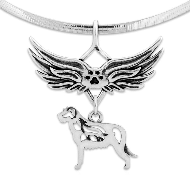 Irish Wolfhound Pet Loss Necklace with Angel Wing Charm Holder with Paw Print in Sterling Silver on Omega Chain.
