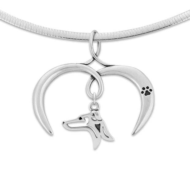 Italian Greyhound Necklace with Open Heart Charm Holder with Paw Print in Sterling Silver on Omega Chain.