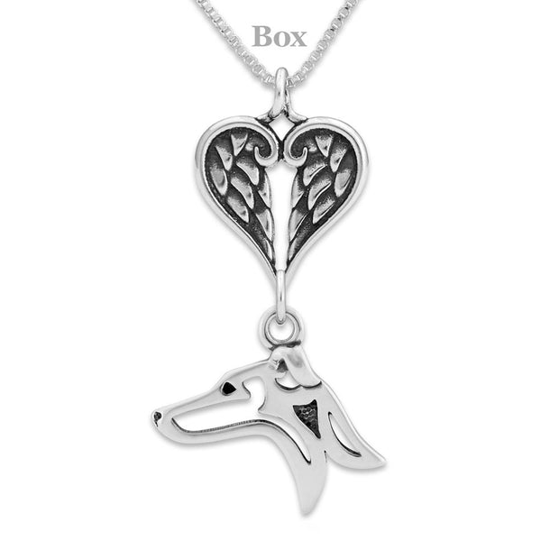 Italian Greyhound Sympathy Gift Necklace with Heart Shaped Angel Wing Pendant in Sterling Silver on Box Chain.