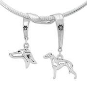 Italian Greyhound Necklace Head and Body Designs on Paw Print Charm Holder in Sterling Silver on Omega Chain.