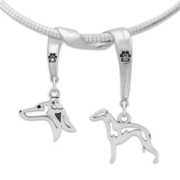 Italian Greyhound Necklace Head and Body Designs on Paw Print Charm Holder in Sterling Silver on Omega Chain.