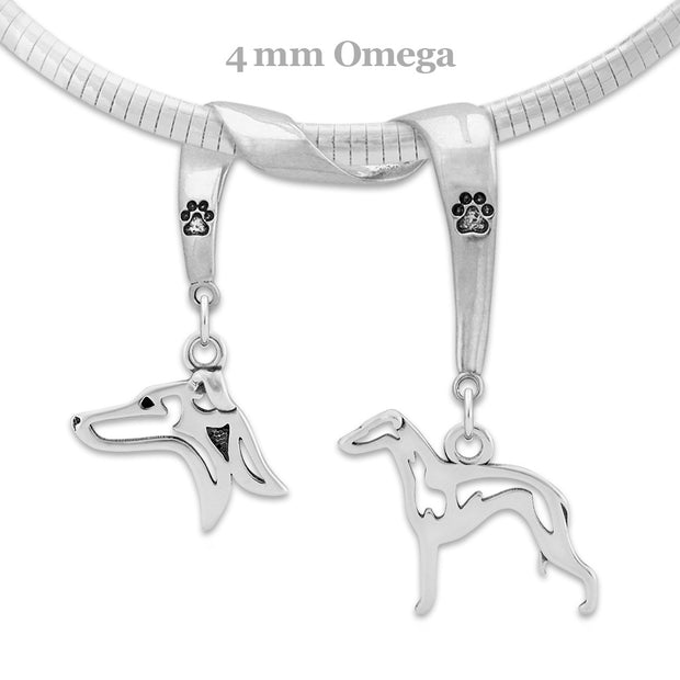 Italian Greyhound Necklace Head and Body Designs on Paw Print Charm Holder in Sterling Silver on Omega Chain.