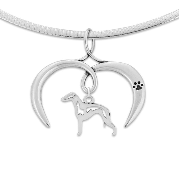Italian Greyhound Necklace with Open Heart Charm Holder with Paw Print in Sterling Silver on Omega Chain.