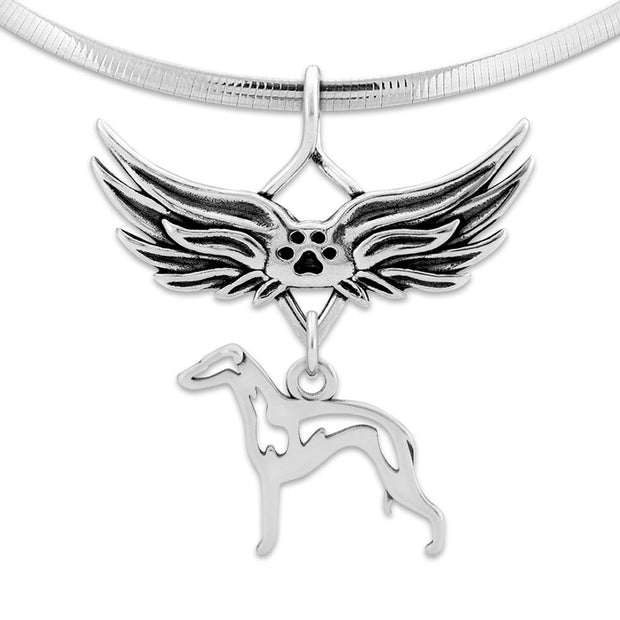 Italian Greyhound Pet Loss Necklace with Angel Wing Charm Holder with Paw Print in Sterling Silver on Omega Chain.