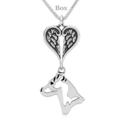 Jack Russell Terrier Sympathy Gift Necklace with Heart Shaped Angel Wing Pendant in Sterling Silver on Box Chain.