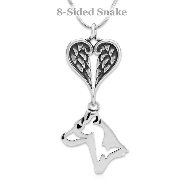 Jack Russell Terrier Sympathy Gift Necklace with Heart Shaped Angel Wing Pendant in Sterling Silver on Snake Chain.