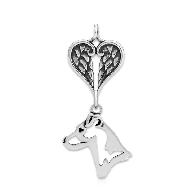 Jack Russell Terrier Sympathy Gift Pendant with Heart Shaped Angel Wing Pendant in Sterling Silver.
