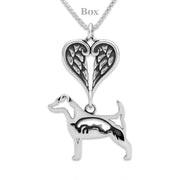 Jack Russell Terrier Sympathy Gift Necklace with Heart Shaped Angel Wing Pendant in Sterling Silver on Box Chain.