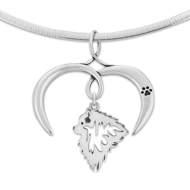 Keeshond Necklace with Open Heart Charm Holder with Paw Print in Sterling Silver on Omega Chain.