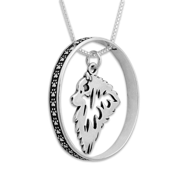 Sterling Silver Keeshond Necklace w/Paw Print Enhancer, Head