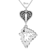 Keeshond Sympathy Gift Necklace with Heart Shaped Angel Wing Pendant in Sterling Silver on Box Chain.
