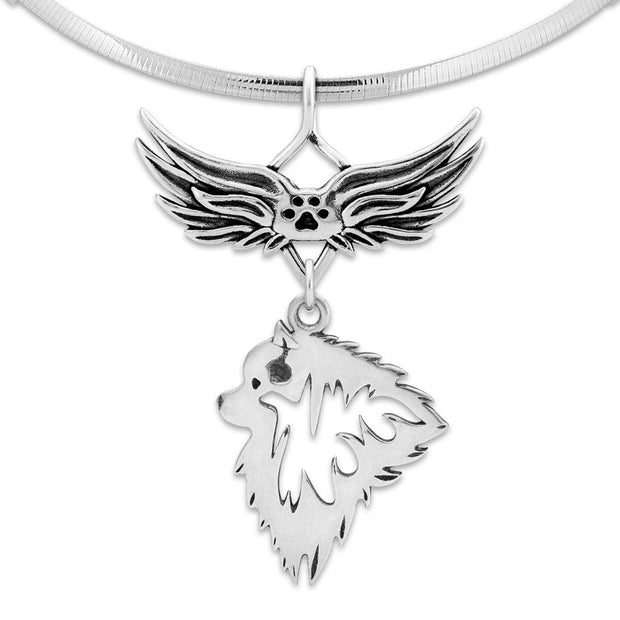 Keeshond Pet Loss Necklace with Angel Wing Charm Holder with Paw Print in Sterling Silver on Omega Chain.