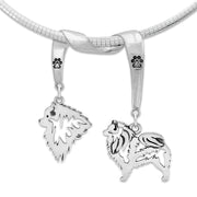 Keeshond Necklace Head and Body Designs on Paw Print Charm Holder in Sterling Silver on Omega Chain.