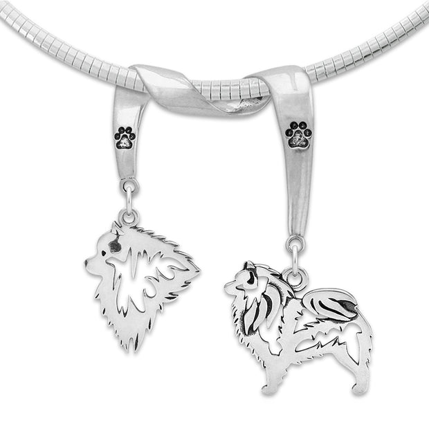 Keeshond Necklace Head and Body Designs on Paw Print Charm Holder in Sterling Silver on Omega Chain.