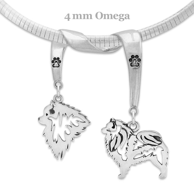 Keeshond Necklace Head and Body Designs on Paw Print Charm Holder in Sterling Silver on Omega Chain.