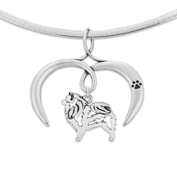 Keeshond Necklace with Open Heart Charm Holder with Paw Print in Sterling Silver on Omega Chain.