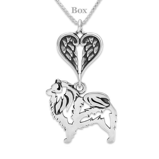 Keeshond Sympathy Gift Necklace with Heart Shaped Angel Wing Pendant in Sterling Silver on Box Chain.