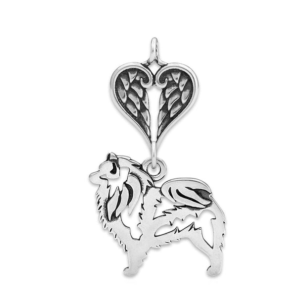 Keeshond Sympathy Gift Pendant with Heart Shaped Angel Wing Pendant in Sterling Silver.