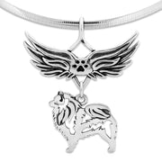 Keeshond Pet Loss Necklace with Angel Wing Charm Holder with Paw Print in Sterling Silver on Omega Chain.