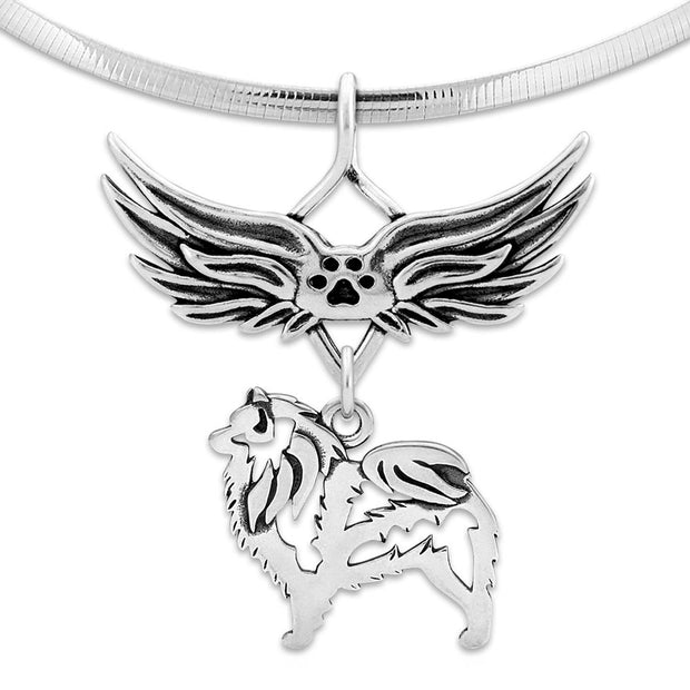 Keeshond Pet Loss Necklace with Angel Wing Charm Holder with Paw Print in Sterling Silver on Omega Chain.