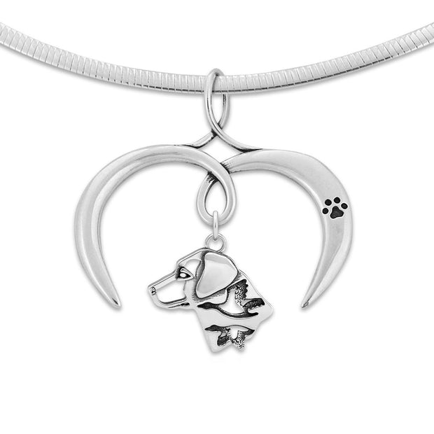 Labrador Retriever Necklace with Open Heart Charm Holder with Paw Print in Sterling Silver on Omega Chain.