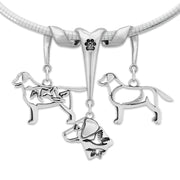 Labrador Retriever Necklace Head and Body Designs on Paw Print Three Charm Holder in Sterling Silver on Omega Chain.