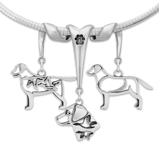 Labrador Retriever Necklace Head and Body Designs on Paw Print Three Charm Holder in Sterling Silver on Omega Chain.