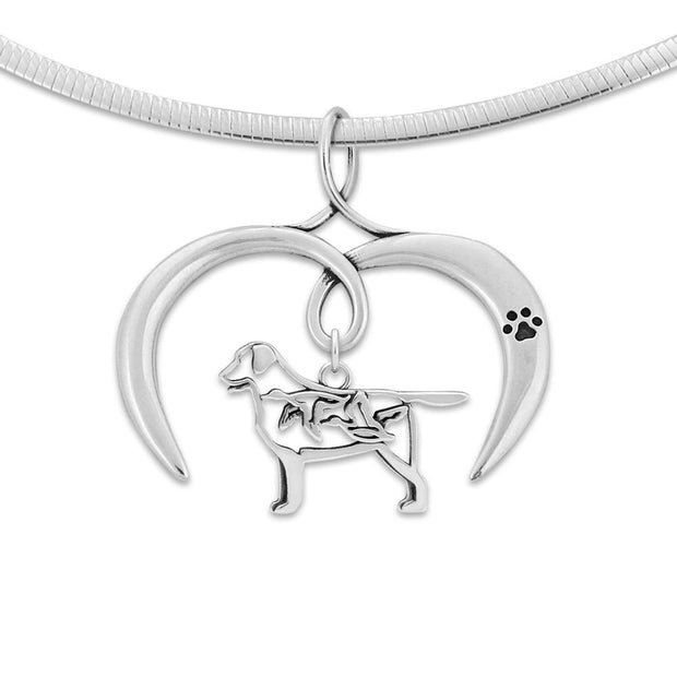 Labrador Retriever Necklace with Open Heart Charm Holder with Paw Print in Sterling Silver on Omega Chain.