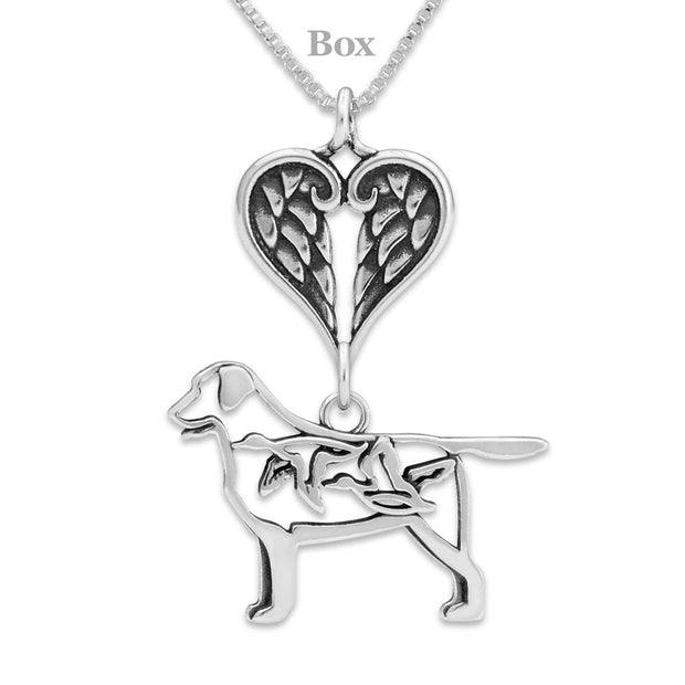Labrador Retriever Sympathy Gift Necklace with Heart Shaped Angel Wing Pendant in Sterling Silver on Box Chain.