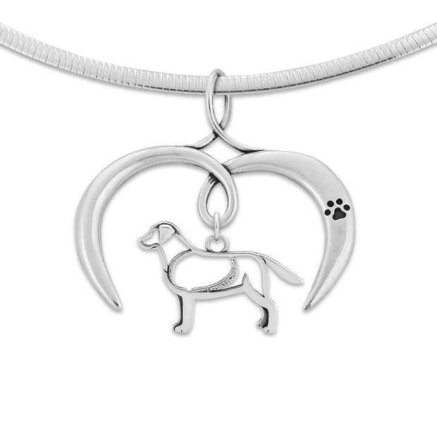 Labrador Retriever Necklace with Open Heart Charm Holder with Paw Print in Sterling Silver on Omega Chain.