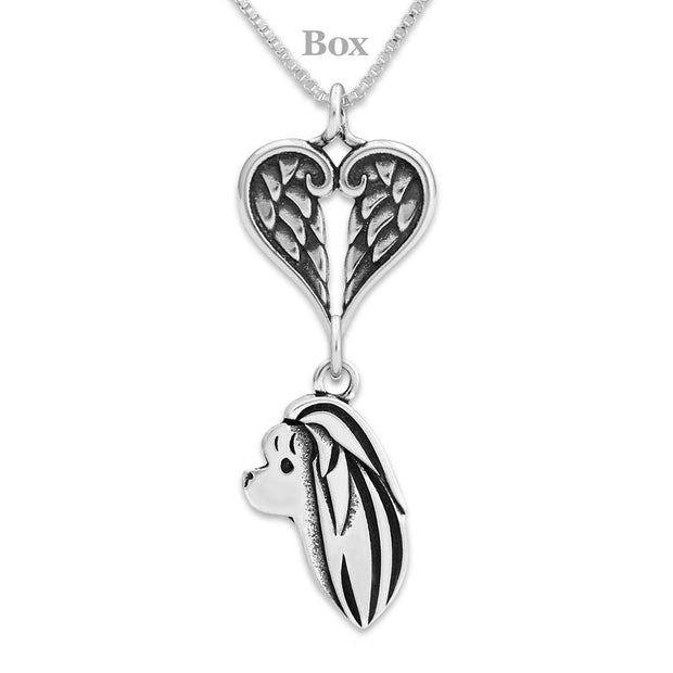 Maltese Sympathy Gift Necklace with Heart Shaped Angel Wing Pendant in Sterling Silver on Box Chain.