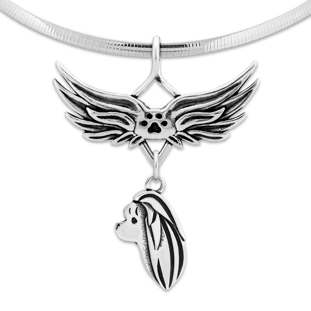 Maltese Pet Loss Necklace with Angel Wing Charm Holder with Paw Print in Sterling Silver on Omega Chain.