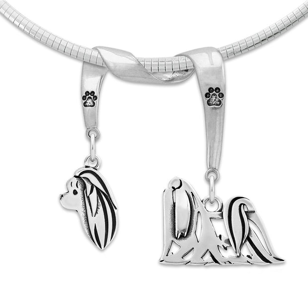 Shih Tzu Necklace Head and Body Designs on Paw Print Charm Holder in Sterling Silver on Omega Chain.