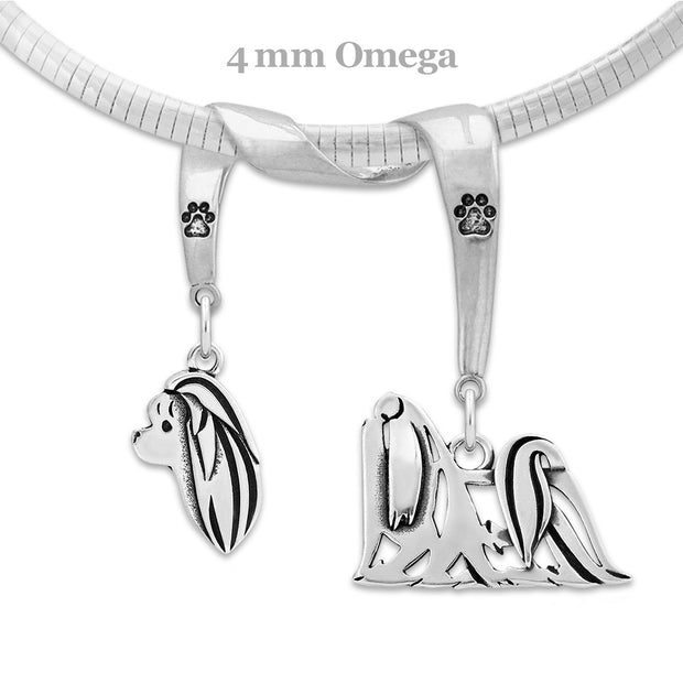Shih Tzu Necklace Head and Body Designs on Paw Print Charm Holder in Sterling Silver on Omega Chain.