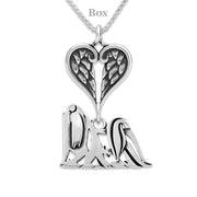 Maltese Sympathy Gift Necklace with Heart Shaped Angel Wing Pendant in Sterling Silver on Box Chain.