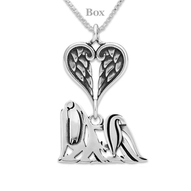 Maltese Sympathy Gift Necklace with Heart Shaped Angel Wing Pendant in Sterling Silver on Box Chain.