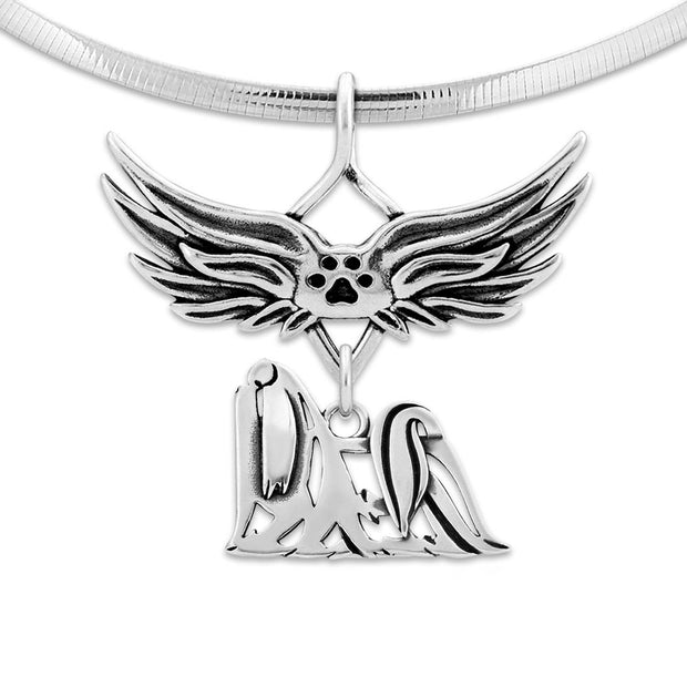 Maltese Pet Loss Necklace with Angel Wing Charm Holder with Paw Print in Sterling Silver on Omega Chain.