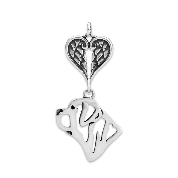 Mastiff Sympathy Gift Pendant with Heart Shaped Angel Wing Pendant in Sterling Silver.