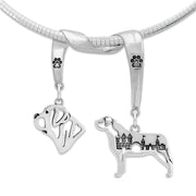 Mastiff Necklace Head and Body Designs on Paw Print Charm Holder in Sterling Silver on Omega Chain.
