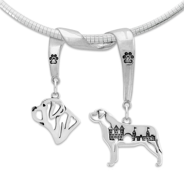 Mastiff Necklace Head and Body Designs on Paw Print Charm Holder in Sterling Silver on Omega Chain.