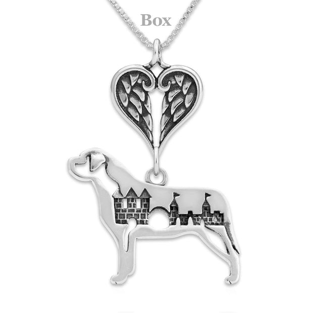 Mastiff Sympathy Gift Necklace with Heart Shaped Angel Wing Pendant in Sterling Silver on Box Chain.