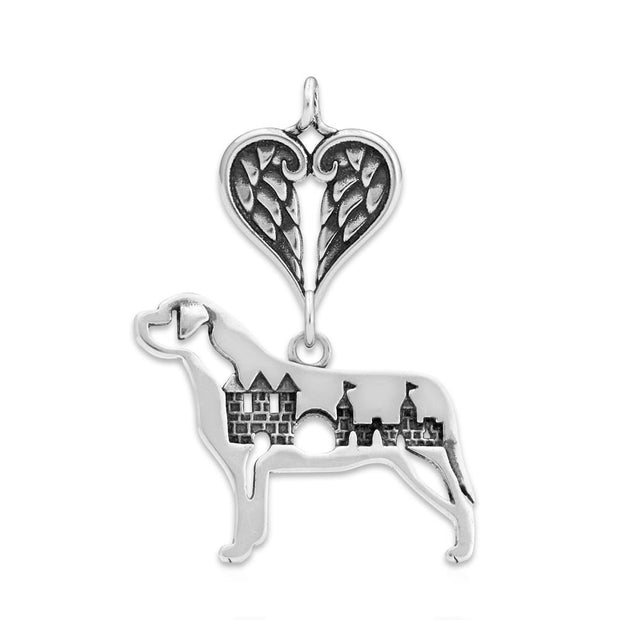 Mastiff Sympathy Gift Pendant with Heart Shaped Angel Wing Pendant in Sterling Silver.